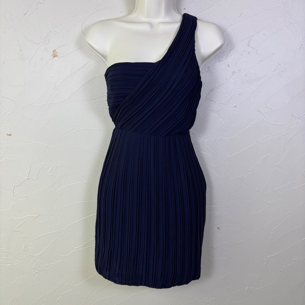 NEW Theory One Shoulder Mini Dress 2 Navy Blue 100% Silk Georgette Pleated $415